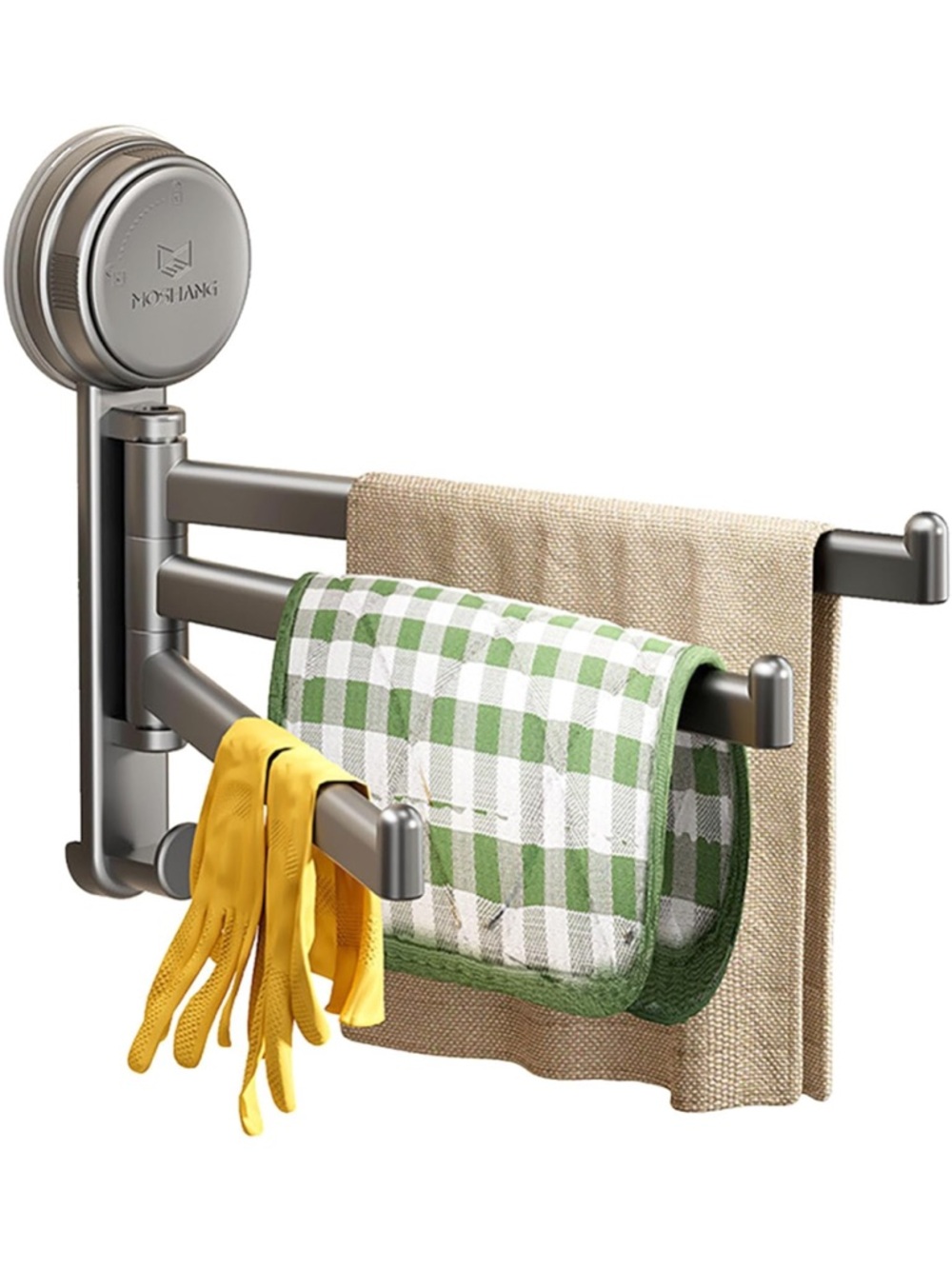 Rotatable Suction Towel Rod, 8.5 Inch Gray Plastic 3 Rod for Towels